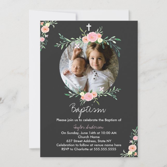Bonito Foto Floral Wreath Baptism Convite (Frente)