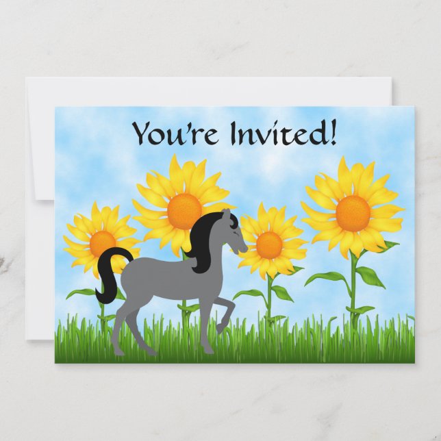 Bonito girassol e Convite de aniversário de cavalo (Frente)