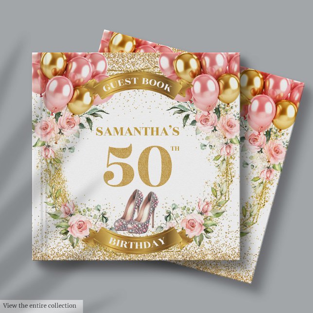 Bonito Livro de Convidados do 50º Aniversário, Dou (Pretty 50th Birthday Guest Book Gold Glitter Heels)