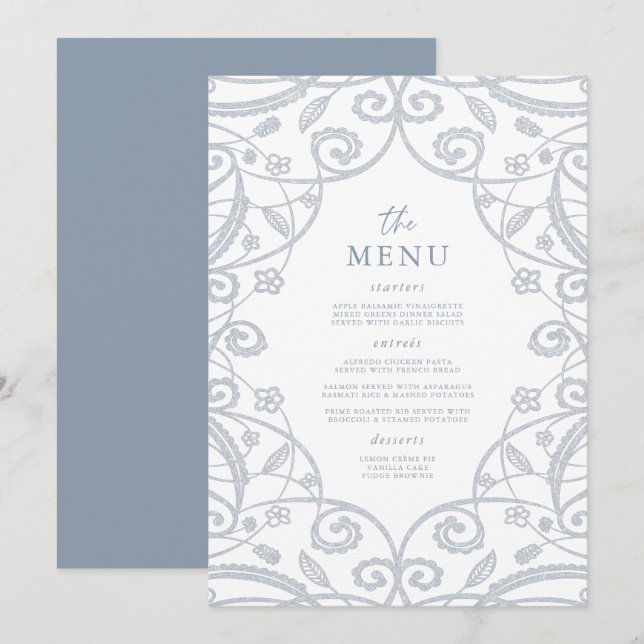 Bonito Menu de Casamento de Lace Glitter Azul de P (Frente/Verso)