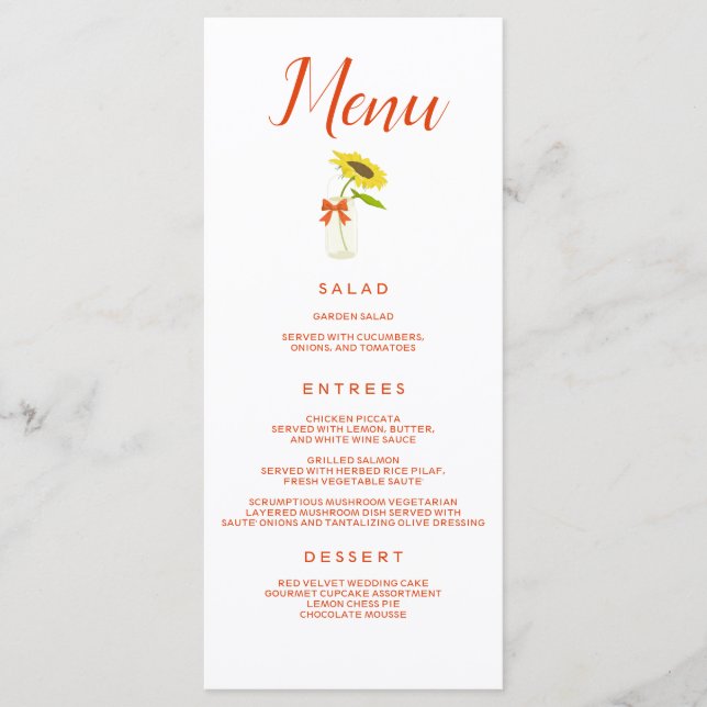 Bonito Menu Girassol de Casamento (Frente)