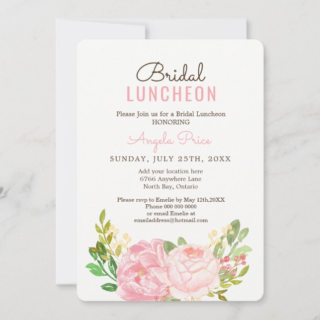 Bonito Pink Peony Bridal Lunchey Convites (Frente)