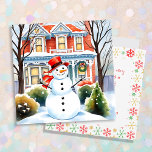 Bonito Snowman no Subúrbio no Natal<br><div class="desc">Cartão de Natal tradicional personalizado. Uma bela ilustração aquosa de um boneco de neve em frente a uma casa vitoriana suburbana em um doce bairro acolhedor.</div>