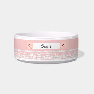 Bonito Tigela de Cachorro Rosa com Flores e rendas
