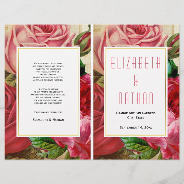 Bonito vintage rosas rosa, programa de casamento d (Frente)