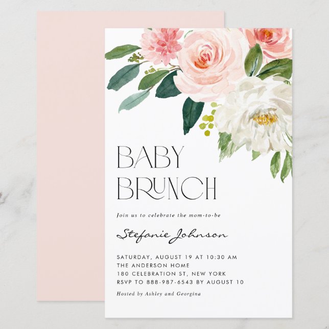 Bonito Watercolor Flowers Baby Brunch Invitation (Frente/Verso)