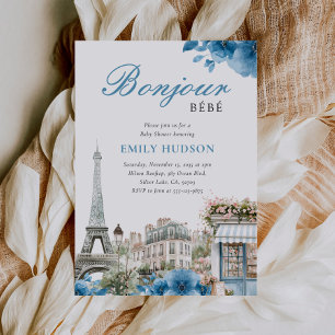 Bonjour Bebe Convite para Chá de fraldas Azul Fran