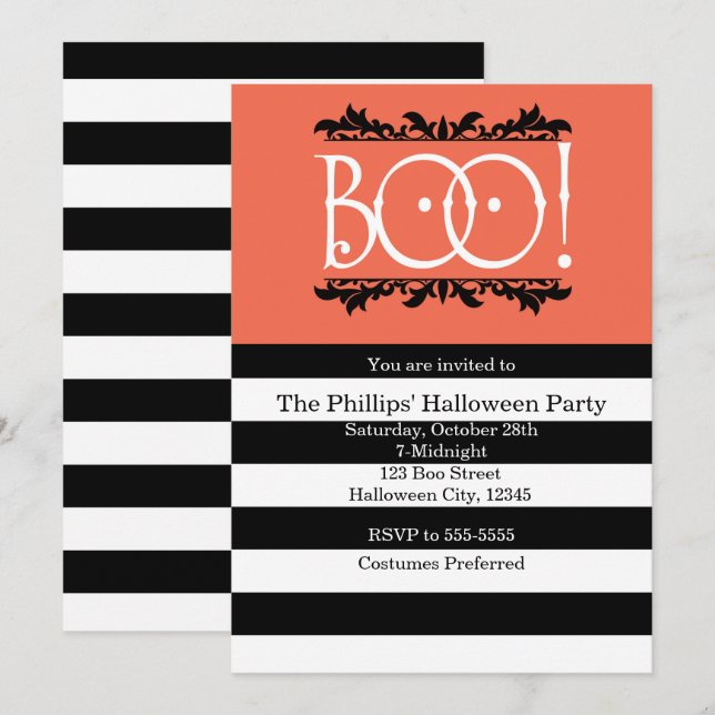 Boo! Convites de Halloween Preto Branco e Laranja (Frente/Verso)