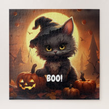BOO! Quebra-cabeça de Cat Halloween - Noite Lua En