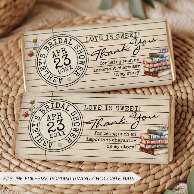 Book Bridal Shower Chocolate Bar Favor Wrapper (Love is sweet vintage watercolor library card books DIY bridal shower chocolate bar favor wrapper)