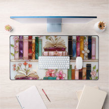 Book Lover Desk Mat | Floral Bookshelf Mouse Pad