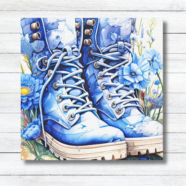 Boot Blue Hiking com Canvas de Flores Selvagens (Blue Hiking Boots & Blue Wildflowers Watercolor Canvas Wall Art - Gardening Decor)