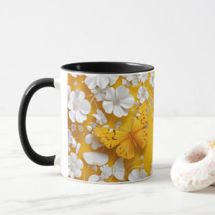 Borboleta amarela com caneca de flores brancas