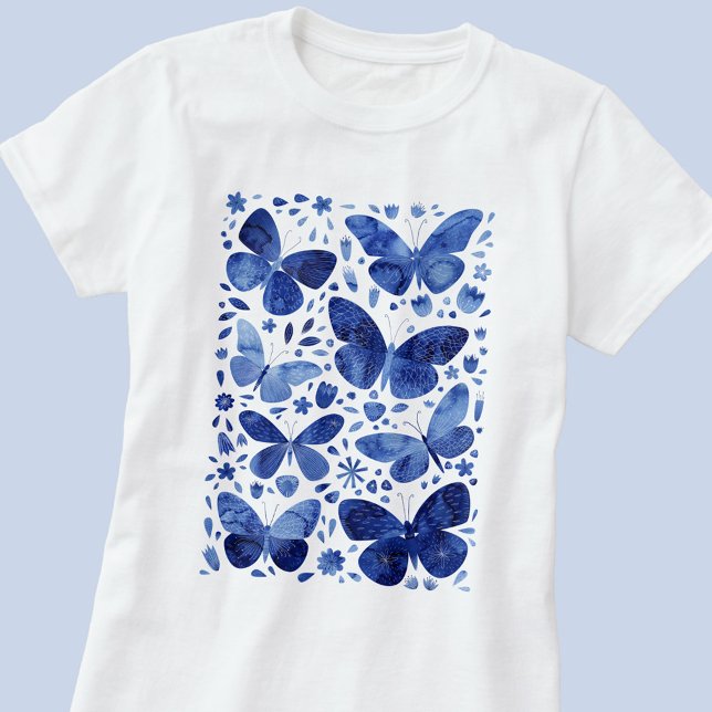 Borboleta Aquarela Azul T-Shirt (Indigo navy blue and white watercolor butterfly art t-shirt)