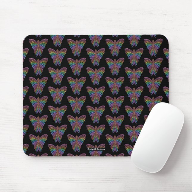 Borboleta Arco-íris (padrão preto) - Mouse Pad (Com mouse)