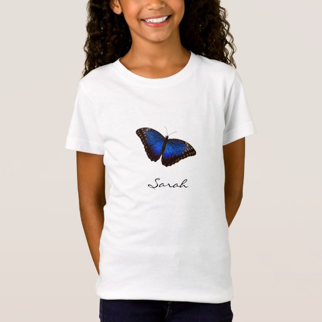 Borboleta Azul com Nome Moniker de Script T-Shirt (Frente)