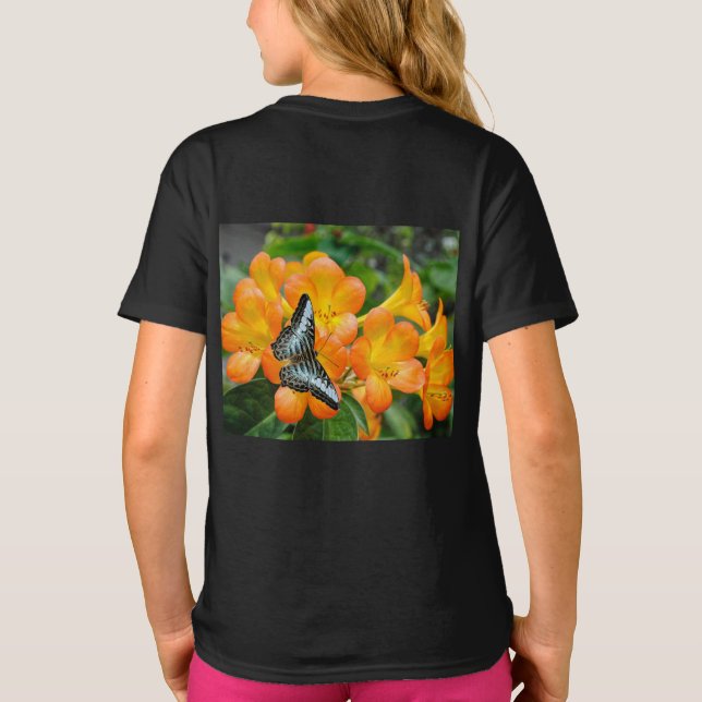 Borboleta azul com T-Shirt Rhododendron tropical (Verso)