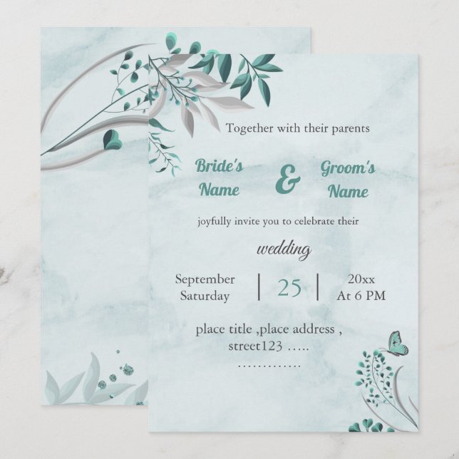 borboleta azul romântica deixa cartão floral de ca (Frente/Verso)