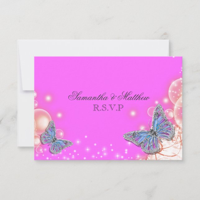 Borboleta azul roxa rosa casamento rsvp (Frente)