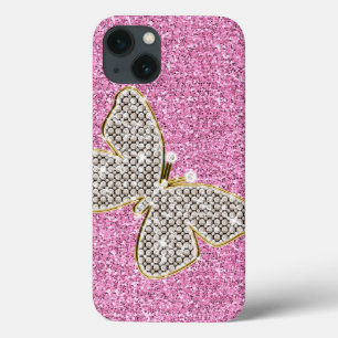 Borboleta Brilhante de Diamantes de Prata Rosa