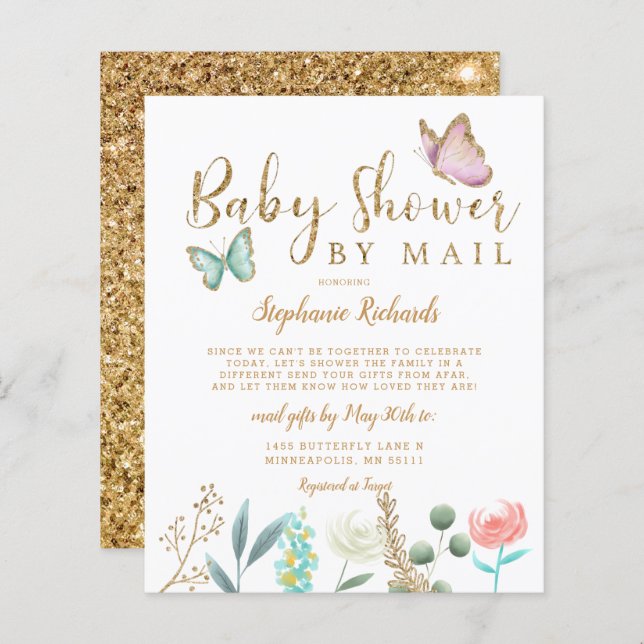 Borboleta De Orçamento Dourado Chá de fraldas Por  (Frente/Verso)