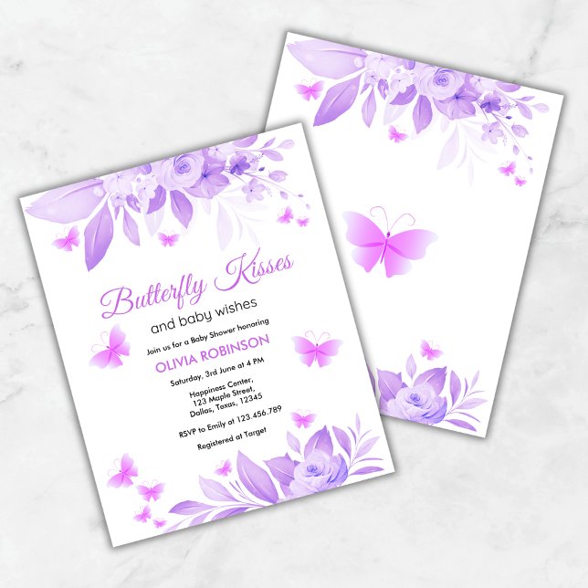 Borboleta de Orçamento Kisses Convite para Chá de  (Budget Purple Butterfly Kisses & Baby Wishes Baby Shower Invitation )