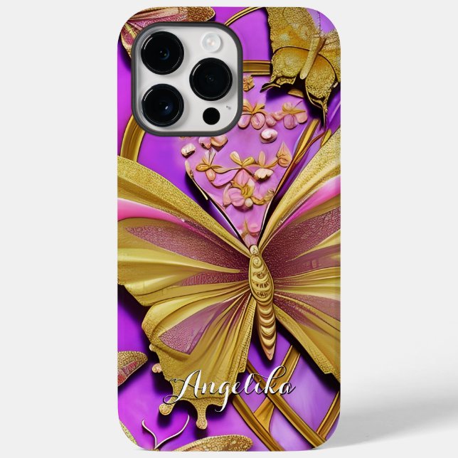 Borboleta Dourada Rosa Quente Nome Personalizado (Verso)