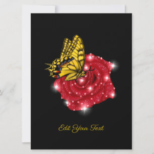 Borboleta em rosa vermelha com estrelas e gotas de