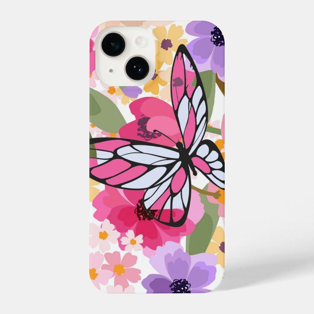 Borboleta Floral (Shades of pink and white, set against a backdrop of colorful flowers.  )