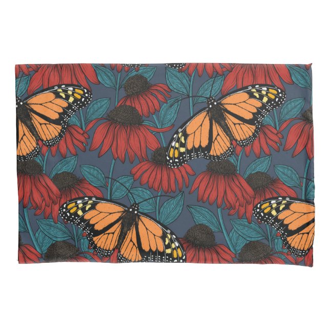 Borboleta-monarca em flores vermelhas (Frente-Esquerda)