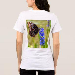 Borboleta morfo azul em uma t-shirt de pântano