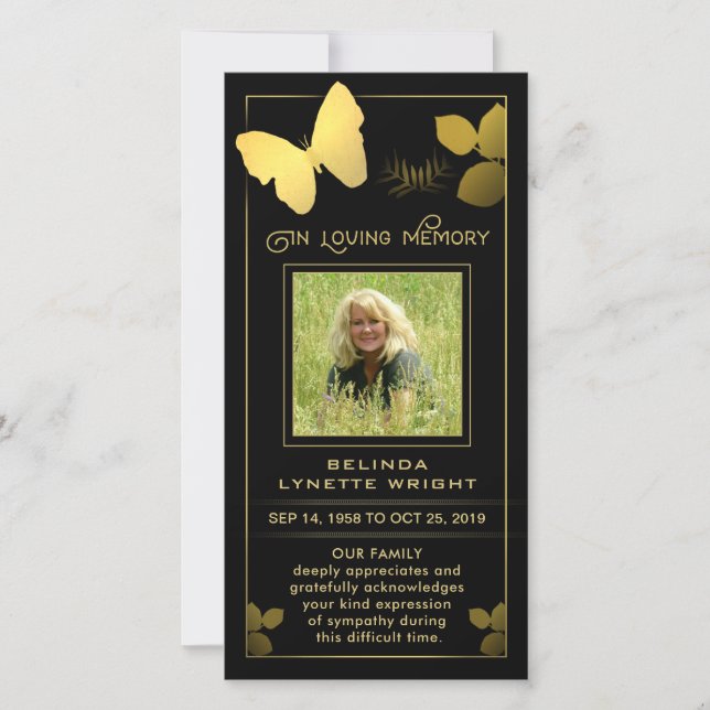 Borboleta ouro Obrigado Cartão de condolências de  (Frente)
