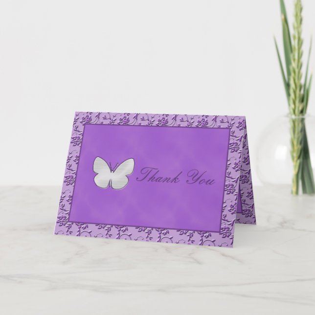 Borboleta Prateada em Cartão de Agradecimento Roxo (Frente)