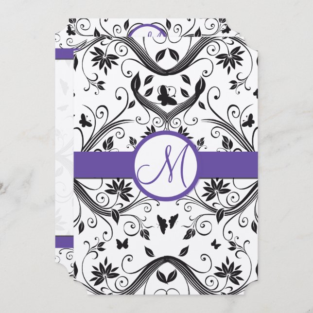 Borboleta Preta Damasco Roda Convites de casamento (Frente/Verso)