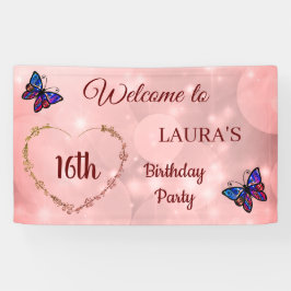 Borboleta rosa cintilante personalizada no 16º ani
