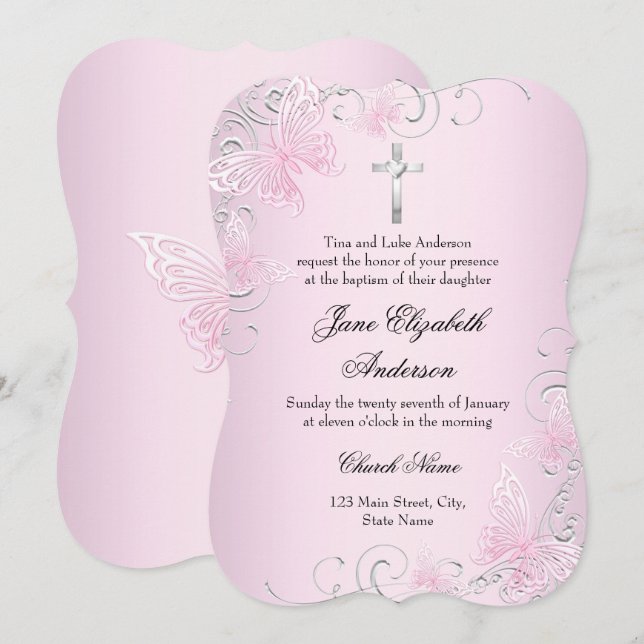 Borboleta Rosa e Batismo Cruzado Convite (Frente/Verso)