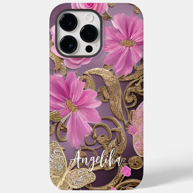 Borboleta Rosa e Dourada Nome Personalizado (Verso)