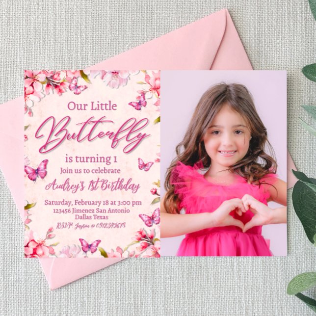 Borboleta Rosa Floral Girl Birthday Convite (Pink Butterfly Floral Girl Birthday Invitation with Photo)