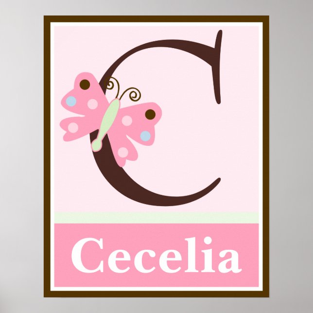 Borboleta rosa - Letra & Nome Wall Art Poster (Frente)