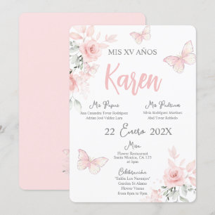 Borboleta Rosa Quinceañera Convite Espanhol