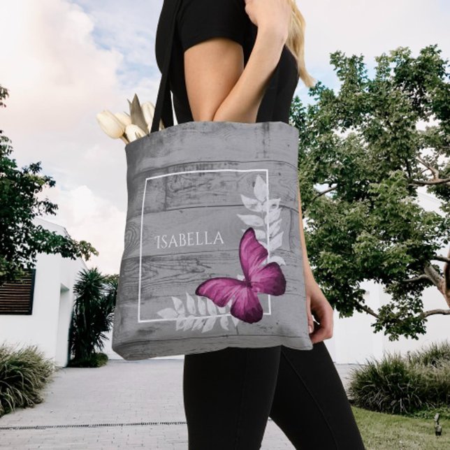 Borboleta rosa - Saco de Tote Personalizado Russo (Pink Butterfly Rustic Personalized Tote Bag)