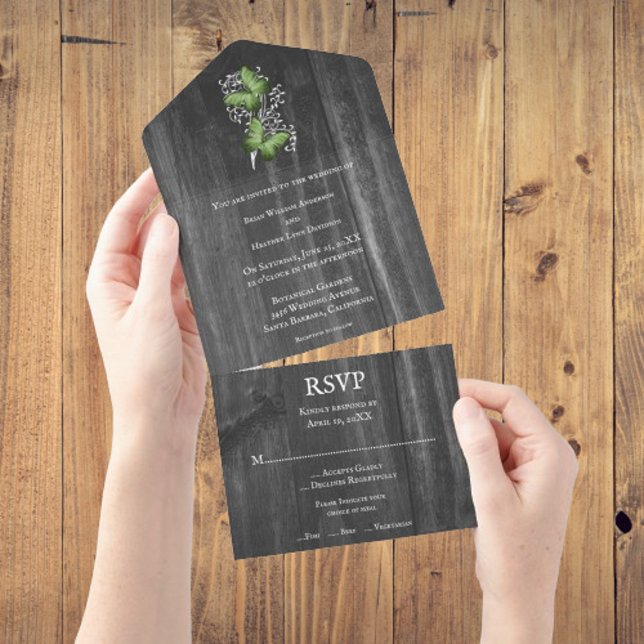 Borboleta Russa Verde Tudo em Um Convite de casame (Green Rustic Butterfly All In One Wedding Invite)