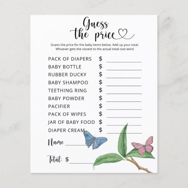 Borboletas - Adivinha o preço! Jogo (Frente)