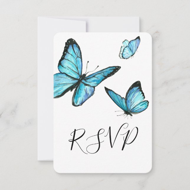 Borboletas aquarela azul casamento RSVP (Frente)