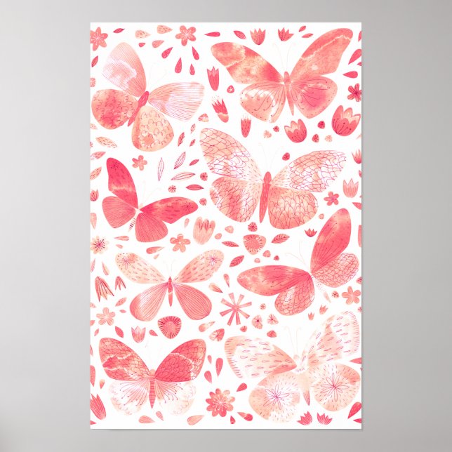 Borboletas Aquarela Poster cor Coral Rosa (Frente)