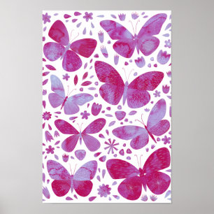 Borboletas Aquarela Poster Magenta Rosa