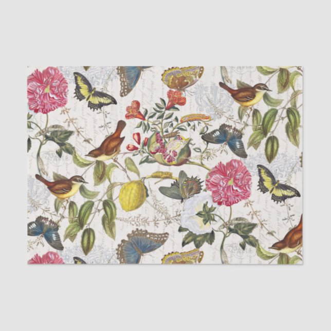 Borboletas Botânicas Vintage e Pássaros Papel Teci (Frente )