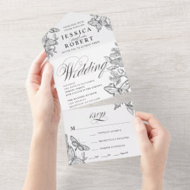 Borboletas brancas e pretas esboçadas todas em uma