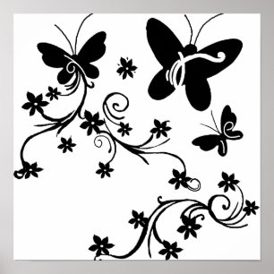 Borboletas com o poster preto do branco das flores