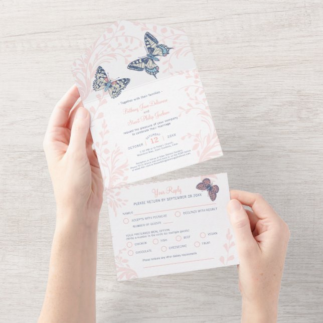 Borboletas de coral de casamento farinha RSVP (Aba destacável)